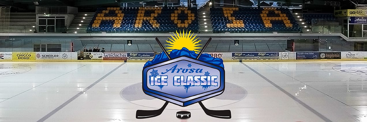Bildausschnitt Eishalle Arosa mit Logo Arosa Ice Classic