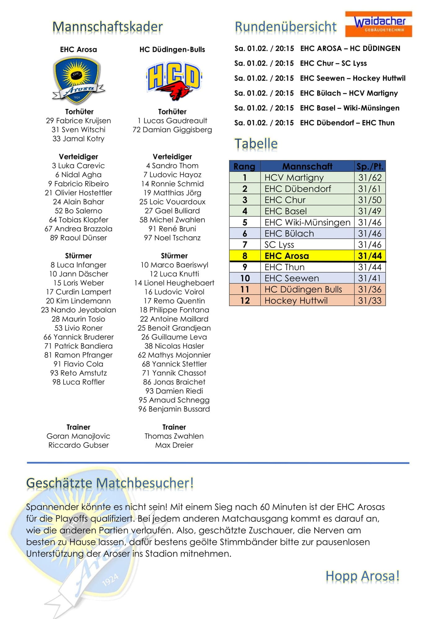 Matchflyer EHC Arosa - HC Düdingen Bulls, Seite 2.