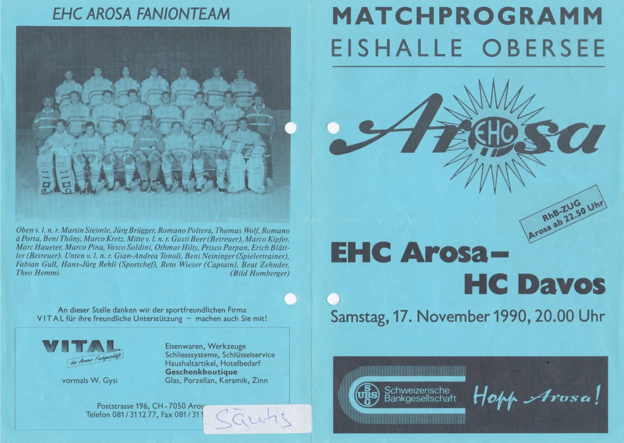 Das Matchprogramm des letzten Bündner Derbies in Arosa zwischen dem EHC Arosa und dem HC Davos.